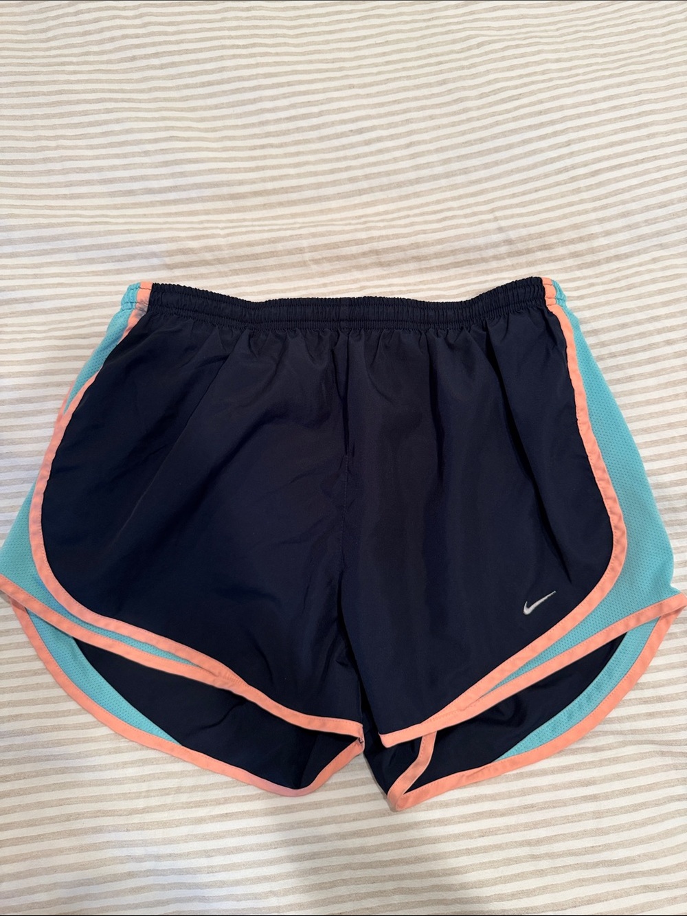 Nike Women's Navy Norts Athletic Shorts with Teal Panels and Coral Trim Large